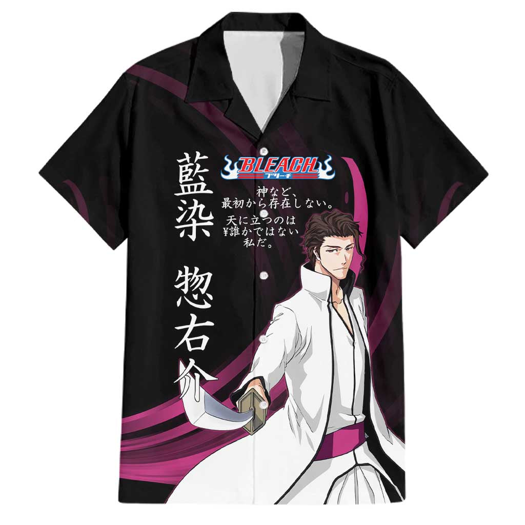 Sosuke Aizen Bleach Anime Black and Purple Theme Family Matching Mermaid Dress and Hawaiian Shirt with Zanpakuto Pose and Japanese Quote Design