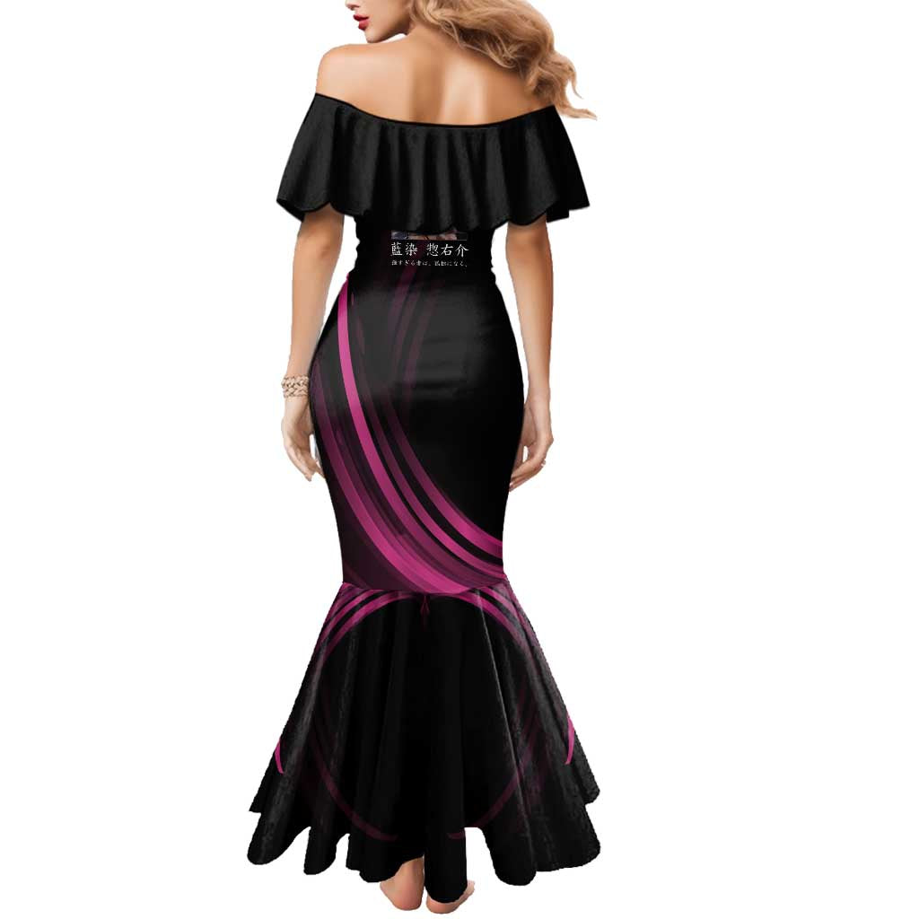 Sosuke Aizen Bleach Anime Black and Purple Theme Family Matching Mermaid Dress and Hawaiian Shirt with Zanpakuto Pose and Japanese Quote Design