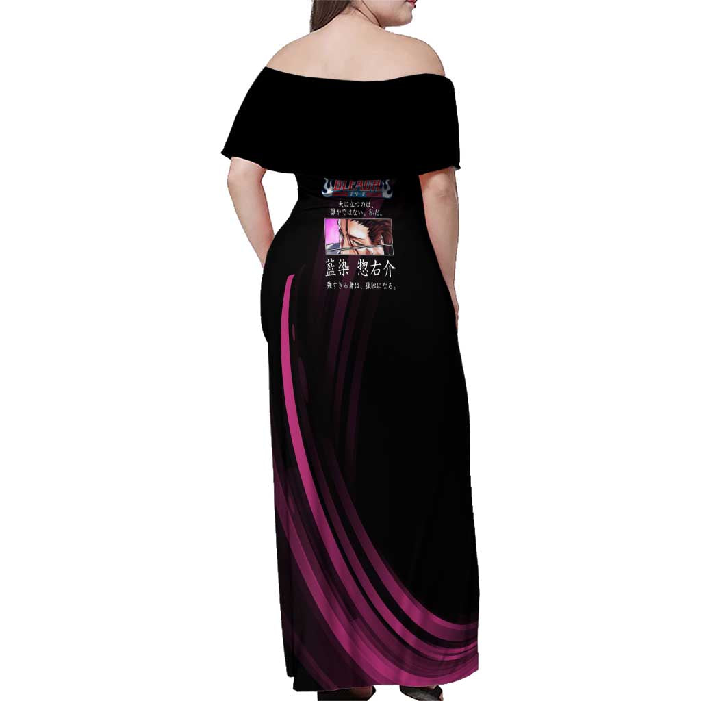 Sosuke Aizen Bleach Anime Black and Purple Theme Family Matching Off Shoulder Maxi Dress and Hawaiian Shirt with Zanpakuto Pose and Japanese Quote Design