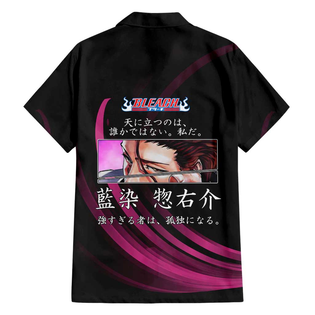 Sosuke Aizen Bleach Anime Black and Purple Theme Family Matching Off Shoulder Short Dress and Hawaiian Shirt with Zanpakuto Pose and Japanese Quote Design