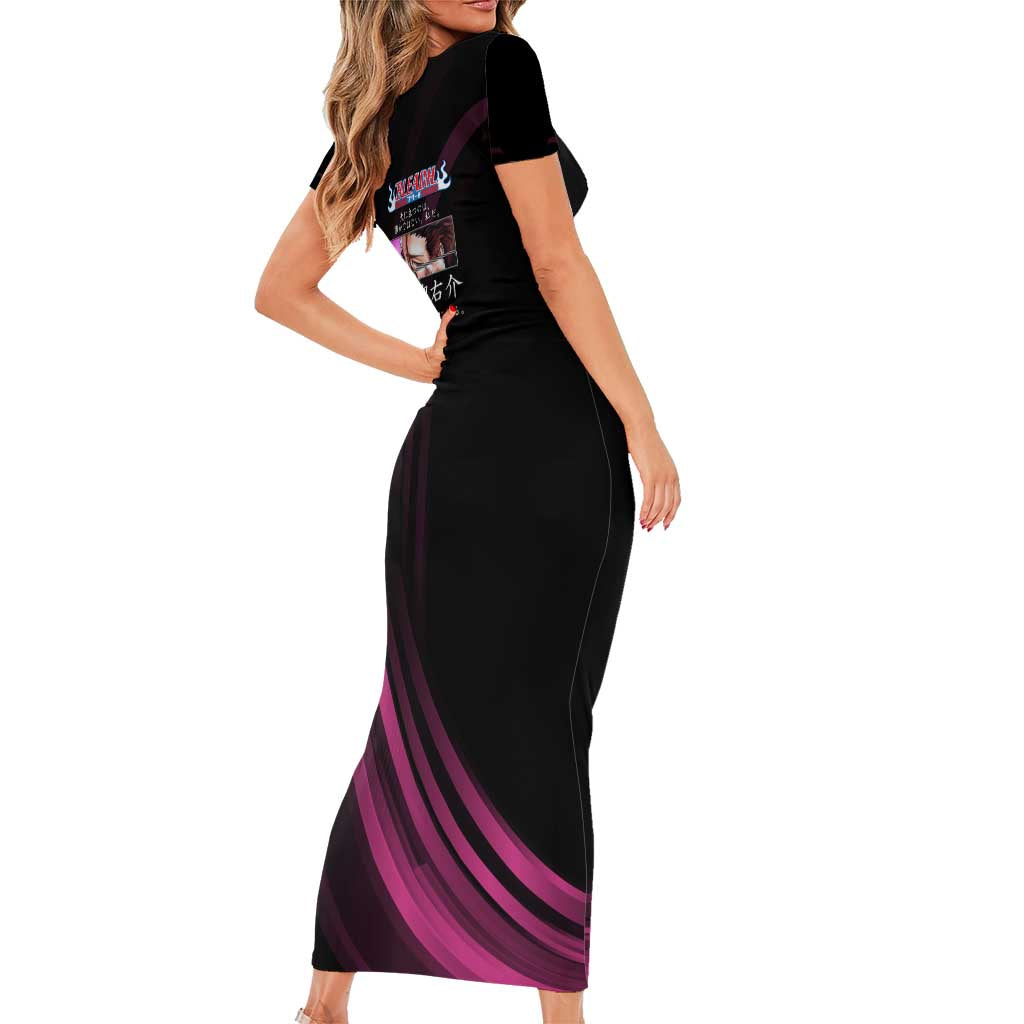 Sosuke Aizen Bleach Anime Black and Purple Theme Family Matching Short Sleeve Bodycon Dress and Hawaiian Shirt with Zanpakuto Pose and Japanese Quote Design
