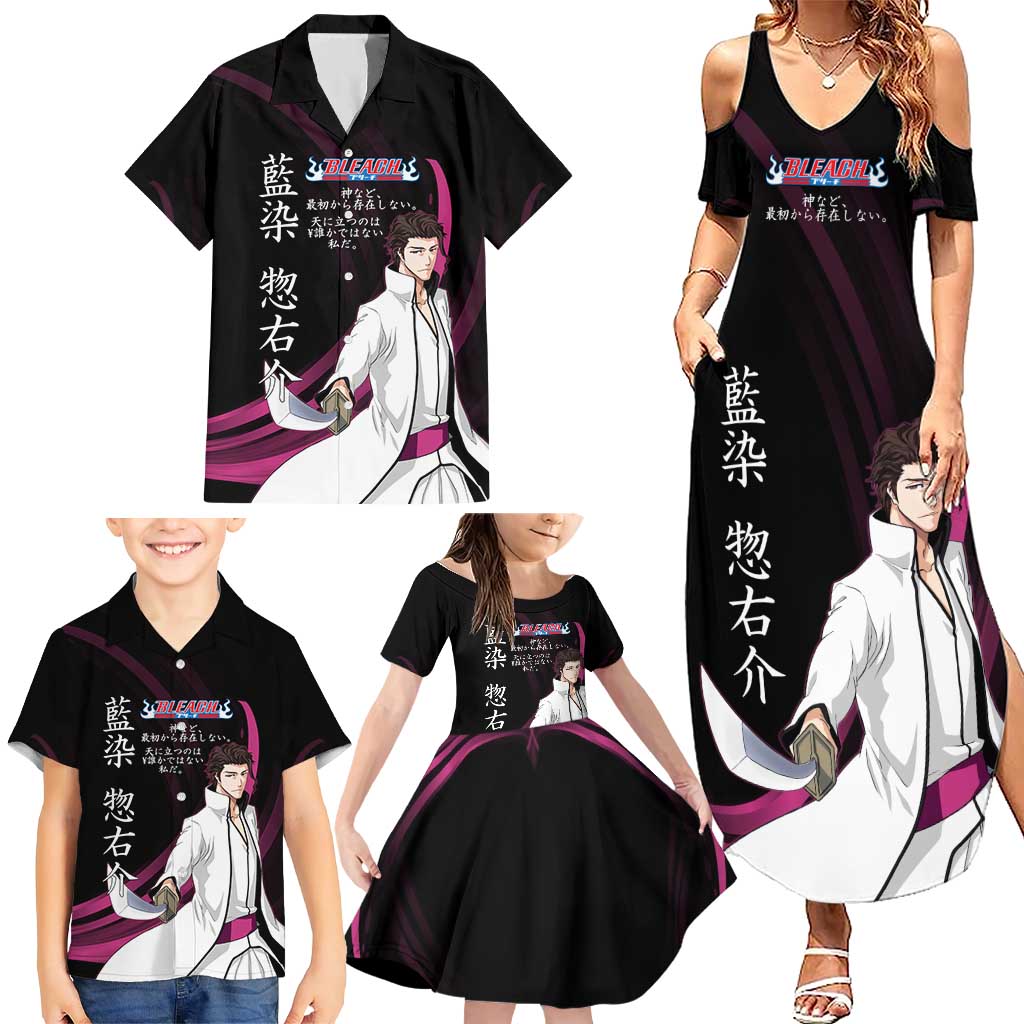 Sosuke Aizen Bleach Anime Black and Purple Theme Family Matching Summer Maxi Dress and Hawaiian Shirt with Zanpakuto Pose and Japanese Quote Design