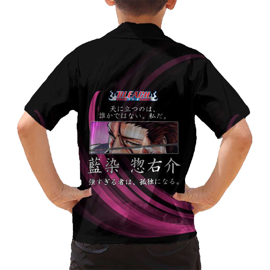 Sosuke Aizen Bleach Anime Black and Purple Theme Family Matching Summer Maxi Dress and Hawaiian Shirt with Zanpakuto Pose and Japanese Quote Design