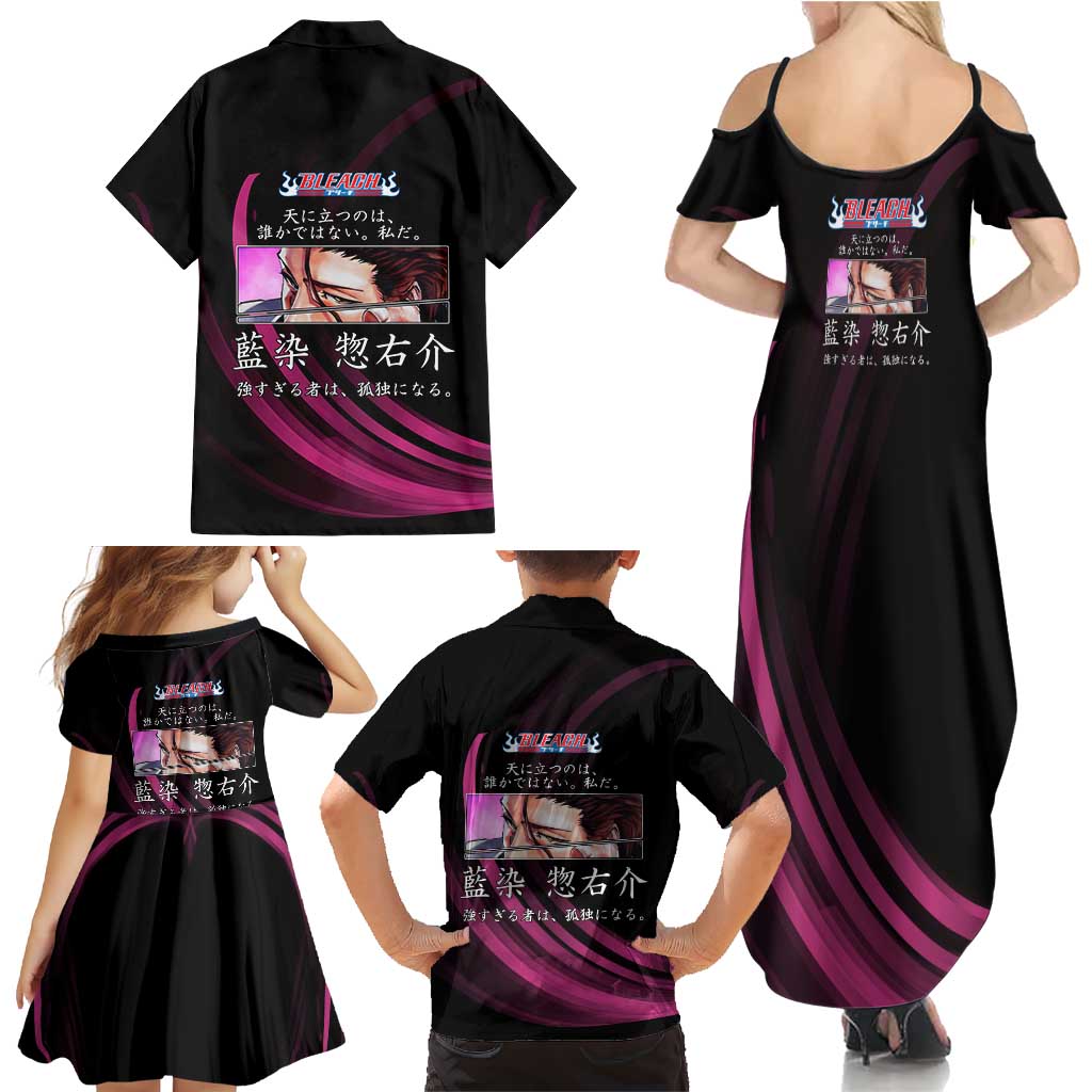 Sosuke Aizen Bleach Anime Black and Purple Theme Family Matching Summer Maxi Dress and Hawaiian Shirt with Zanpakuto Pose and Japanese Quote Design