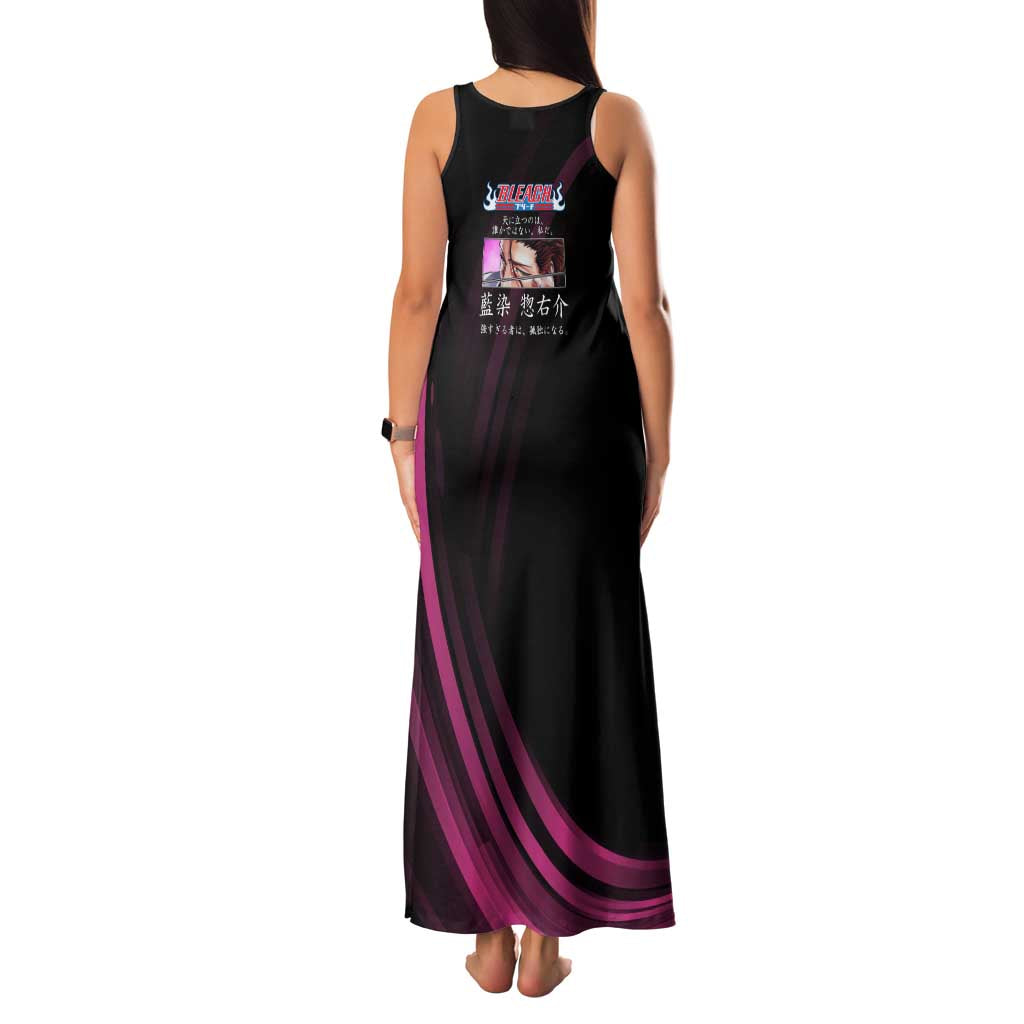 Sosuke Aizen Bleach Anime Black and Purple Theme Family Matching Tank Maxi Dress and Hawaiian Shirt with Zanpakuto Pose and Japanese Quote Design