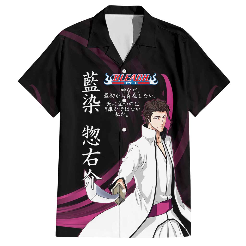 Sosuke Aizen Bleach Anime Black and Purple Theme Hawaiian Shirt with Zanpakuto Pose and Japanese Quote Design - The Mazicc