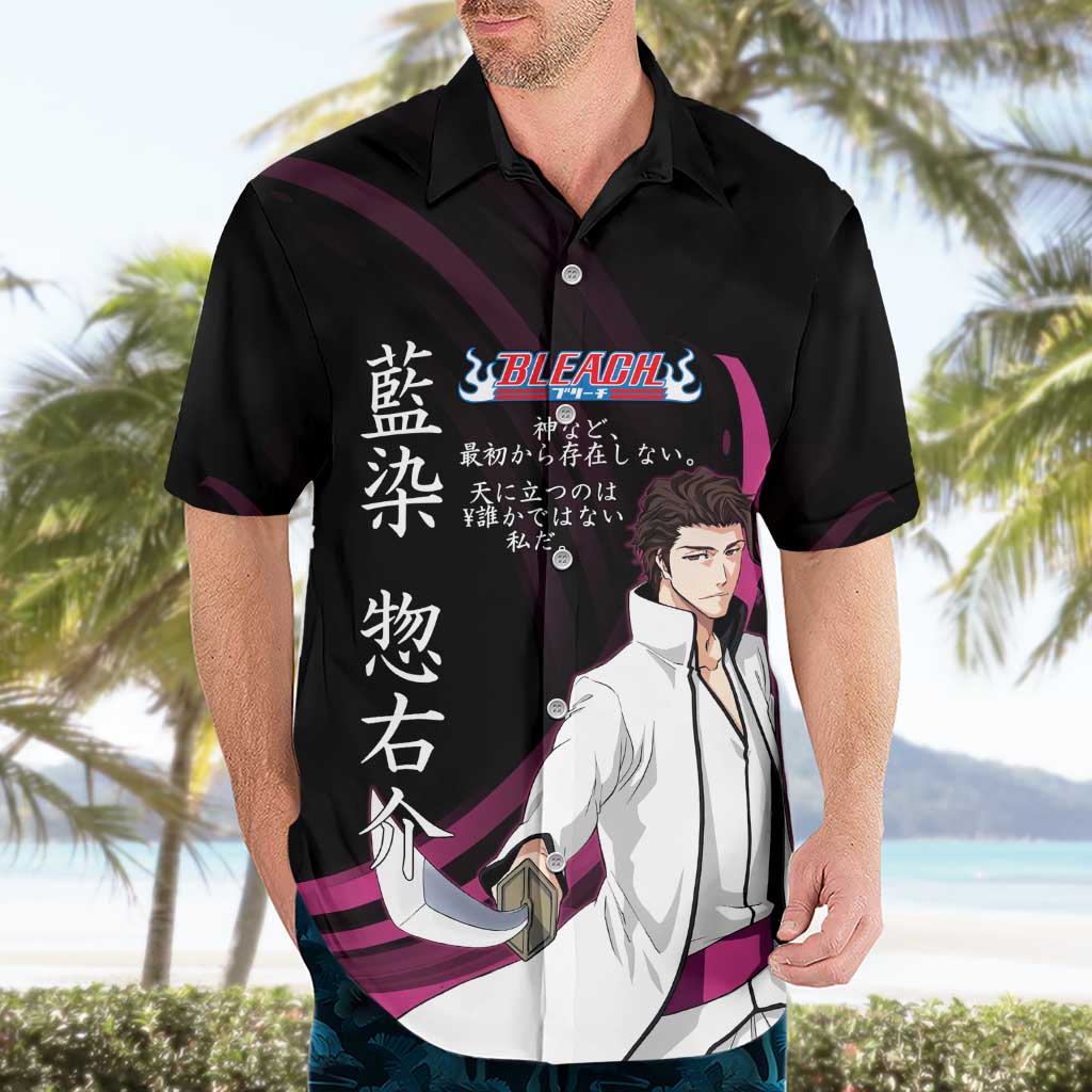 Sosuke Aizen Bleach Anime Black and Purple Theme Hawaiian Shirt with Zanpakuto Pose and Japanese Quote Design - The Mazicc
