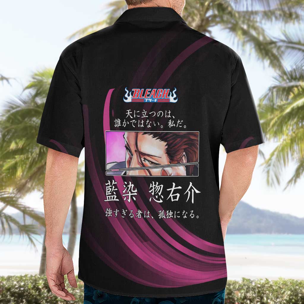 Sosuke Aizen Bleach Anime Black and Purple Theme Hawaiian Shirt with Zanpakuto Pose and Japanese Quote Design - The Mazicc