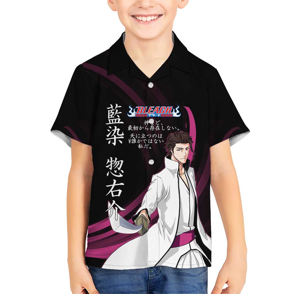 Sosuke Aizen Bleach Anime Black and Purple Theme Hawaiian Shirt with Zanpakuto Pose and Japanese Quote Design - The Mazicc