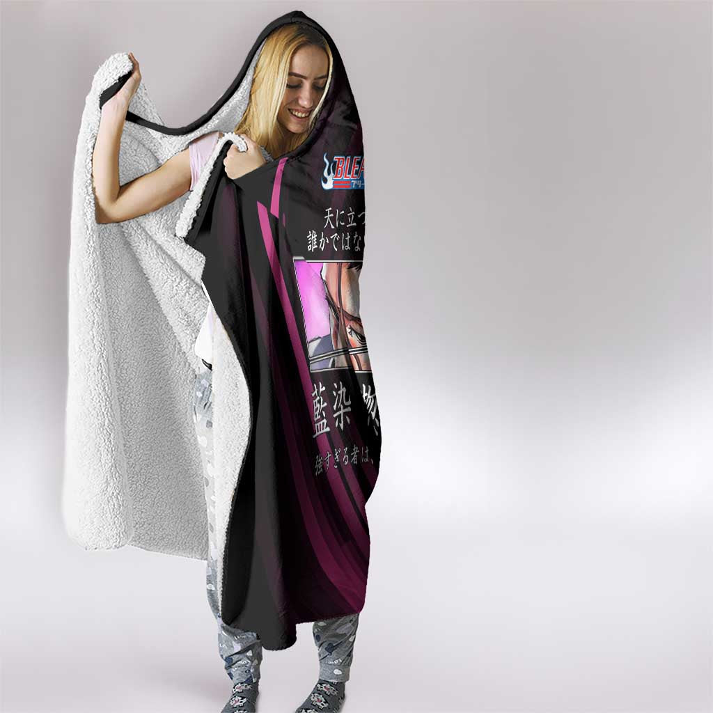 Sosuke Aizen Bleach Anime Black and Purple Theme Hooded Blanket with Zanpakuto Pose and Japanese Quote Design - The Mazicc