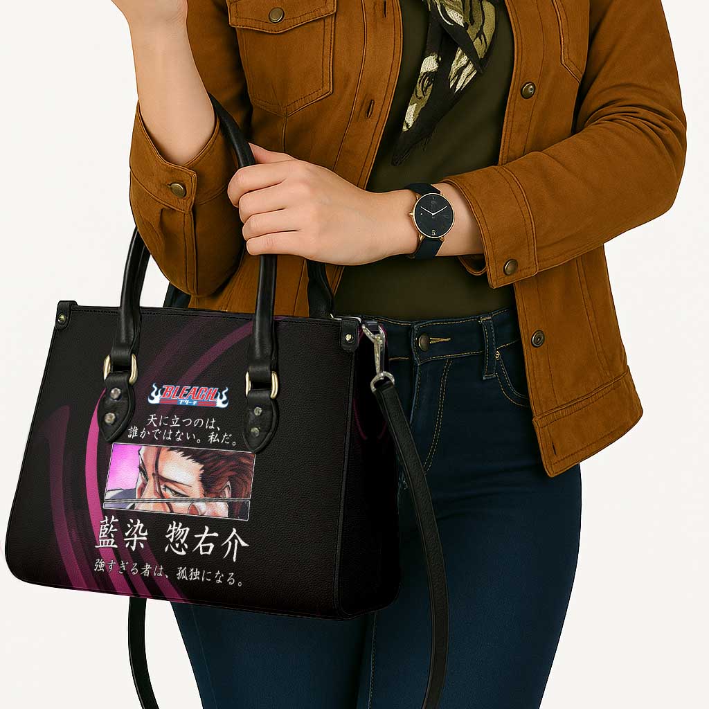 Sosuke Aizen Bleach Anime Black and Purple Theme Leather Bag with Zanpakuto Pose and Japanese Quote Design - The Mazicc
