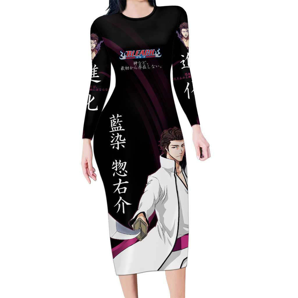 Sosuke Aizen Bleach Anime Black and Purple Theme Long Sleeve Bodycon Dress with Zanpakuto Pose and Japanese Quote Design - The Mazicc