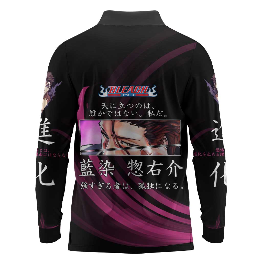 Sosuke Aizen Bleach Anime Black and Purple Theme Long Sleeve Polo Shirt with Zanpakuto Pose and Japanese Quote Design - The Mazicc