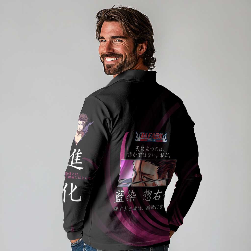 Sosuke Aizen Bleach Anime Black and Purple Theme Long Sleeve Polo Shirt with Zanpakuto Pose and Japanese Quote Design - The Mazicc