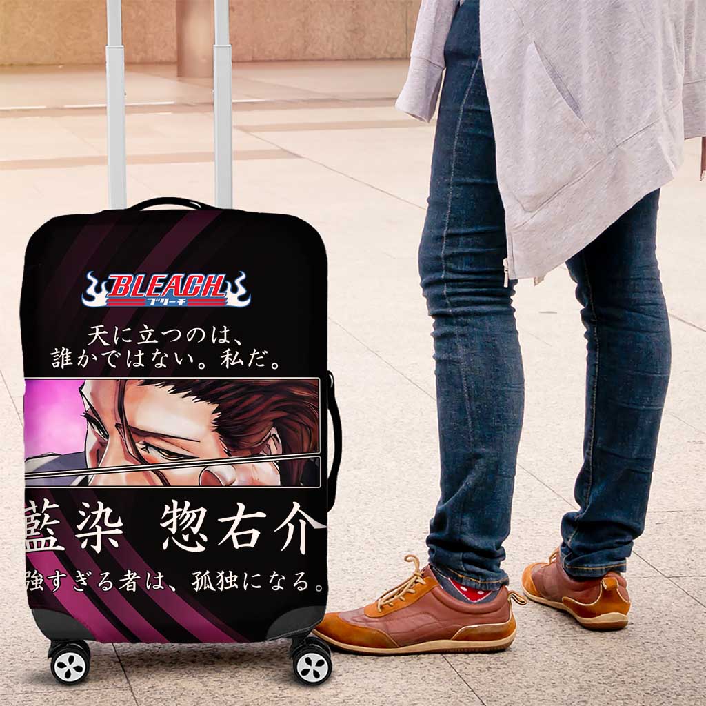 Sosuke Aizen Bleach Anime Black and Purple Theme Luggage Cover with Zanpakuto Pose and Japanese Quote Design - The Mazicc