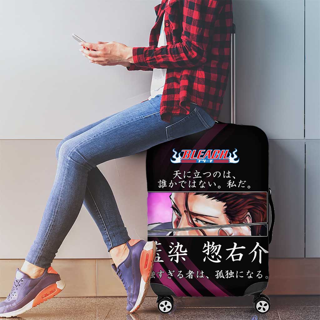 Sosuke Aizen Bleach Anime Black and Purple Theme Luggage Cover with Zanpakuto Pose and Japanese Quote Design - The Mazicc
