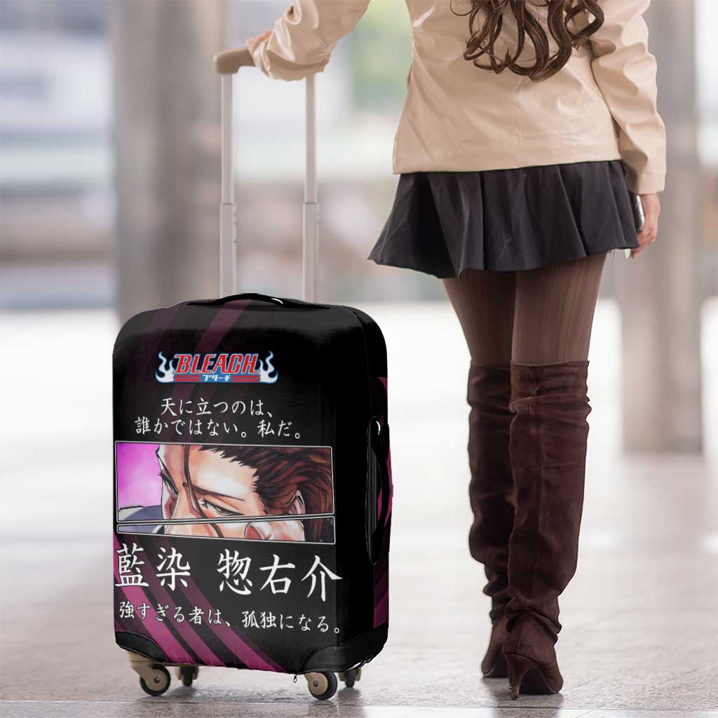 Sosuke Aizen Bleach Anime Black and Purple Theme Luggage Cover with Zanpakuto Pose and Japanese Quote Design - The Mazicc