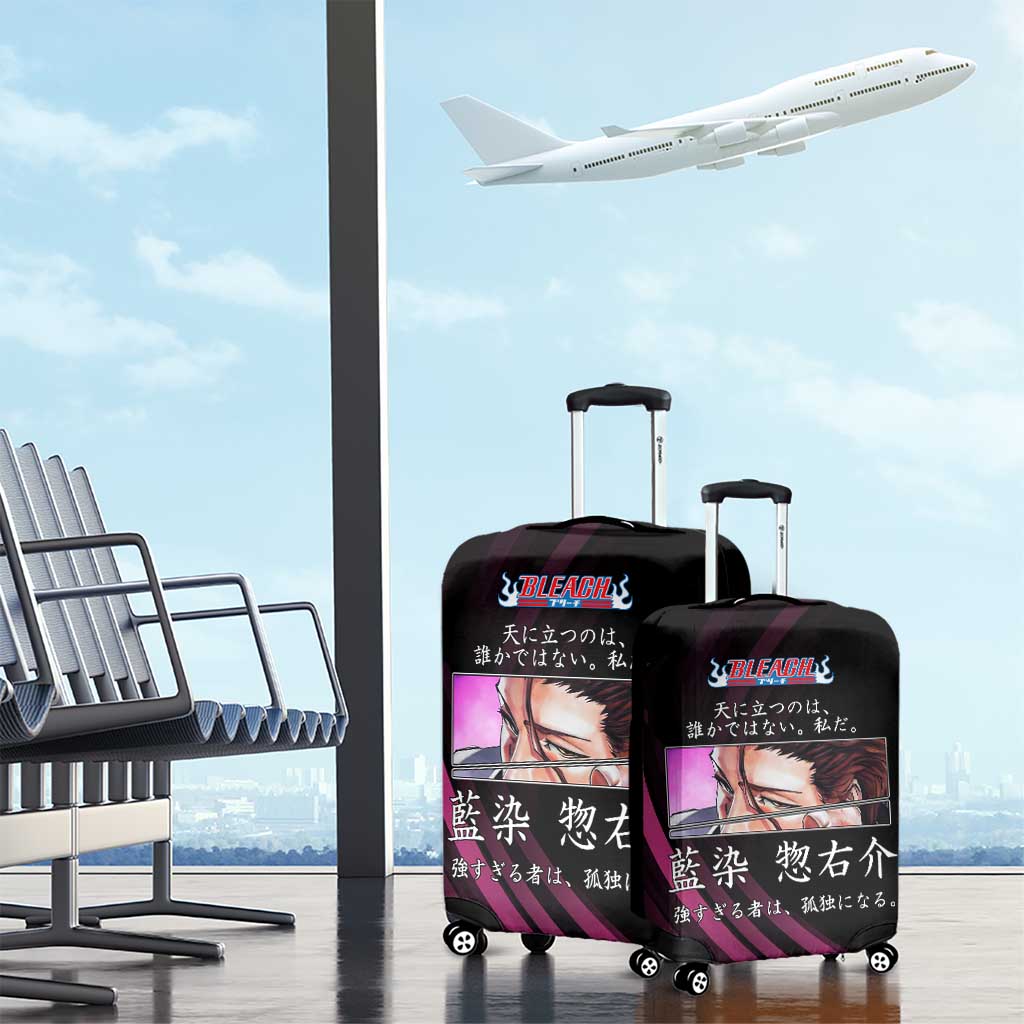 Sosuke Aizen Bleach Anime Black and Purple Theme Luggage Cover with Zanpakuto Pose and Japanese Quote Design - The Mazicc