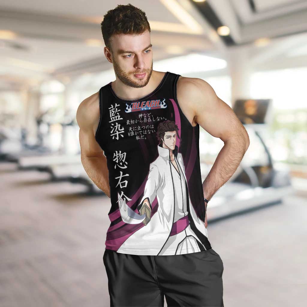 Sosuke Aizen Bleach Anime Black and Purple Theme Men Tank Top with Zanpakuto Pose and Japanese Quote Design - The Mazicc