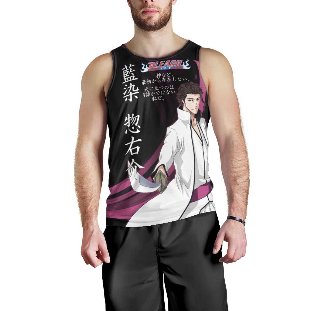 Sosuke Aizen Bleach Anime Black and Purple Theme Men Tank Top with Zanpakuto Pose and Japanese Quote Design - The Mazicc