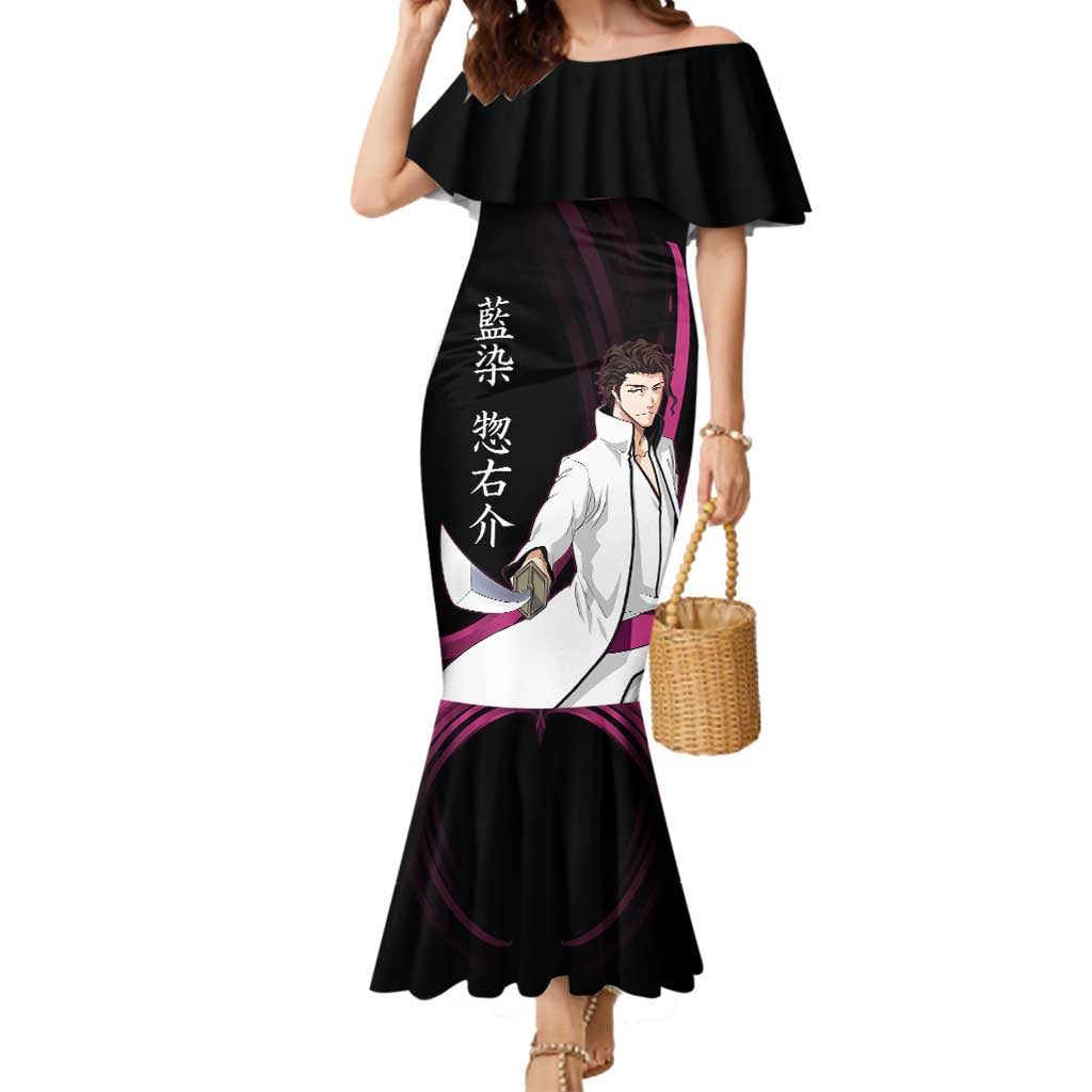Sosuke Aizen Bleach Anime Black and Purple Theme Mermaid Dress with Zanpakuto Pose and Japanese Quote Design - The Mazicc