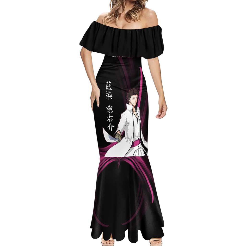 Sosuke Aizen Bleach Anime Black and Purple Theme Mermaid Dress with Zanpakuto Pose and Japanese Quote Design - The Mazicc
