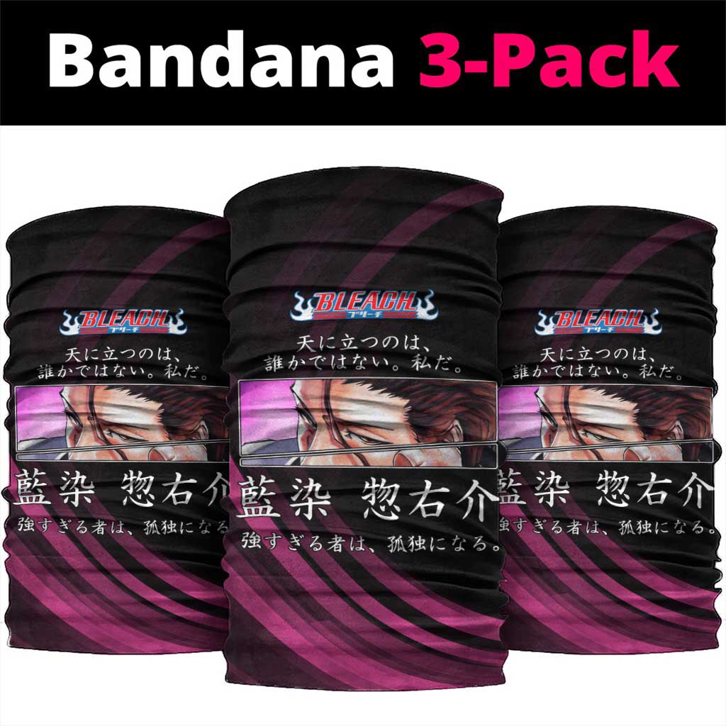 Sosuke Aizen Bleach Anime Black and Purple Theme Neck Gaiter with Zanpakuto Pose and Japanese Quote Design - The Mazicc