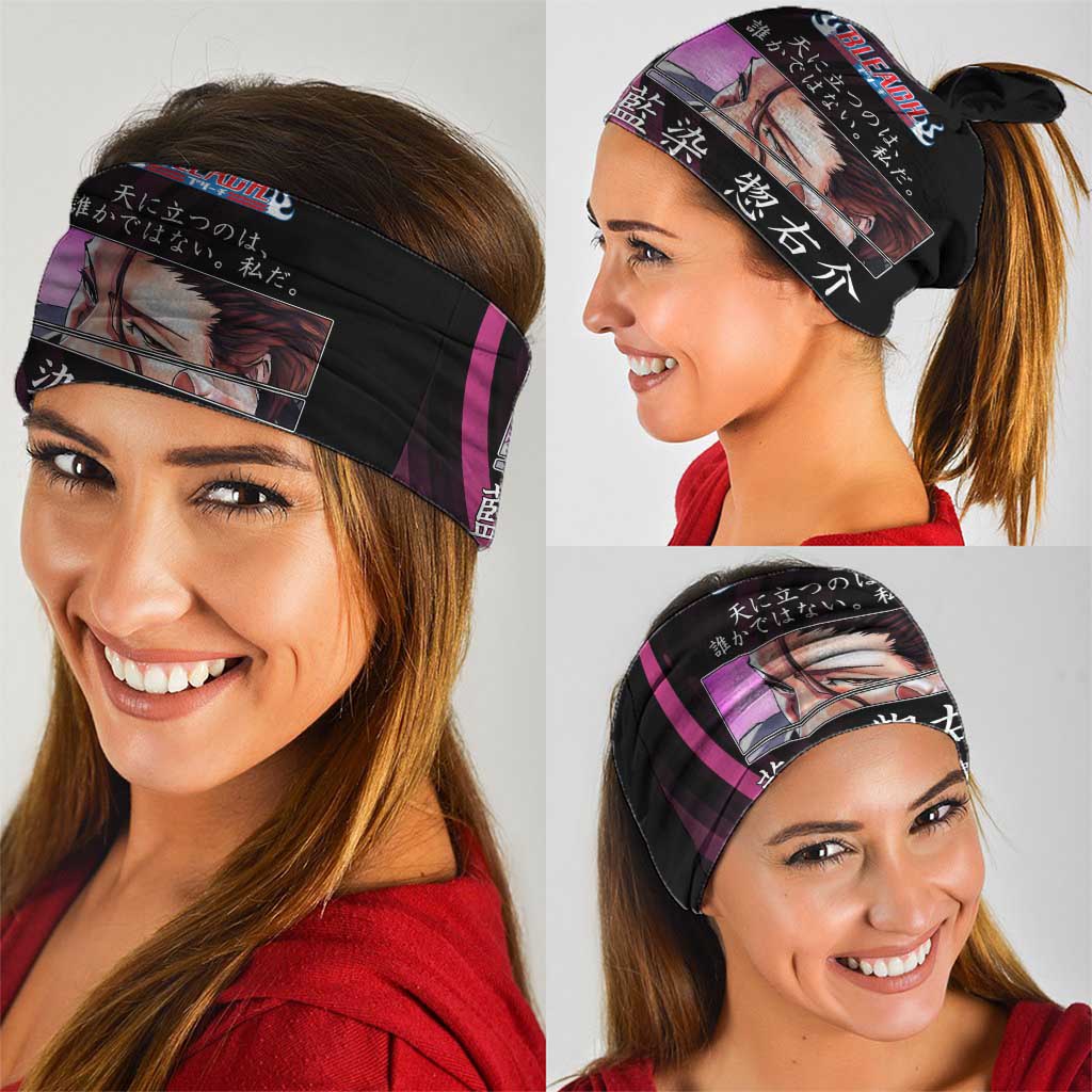 Sosuke Aizen Bleach Anime Black and Purple Theme Neck Gaiter with Zanpakuto Pose and Japanese Quote Design - The Mazicc
