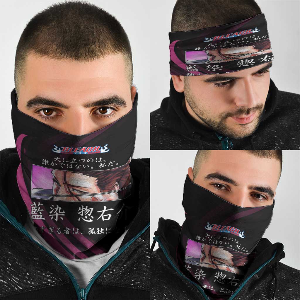 Sosuke Aizen Bleach Anime Black and Purple Theme Neck Gaiter with Zanpakuto Pose and Japanese Quote Design - The Mazicc