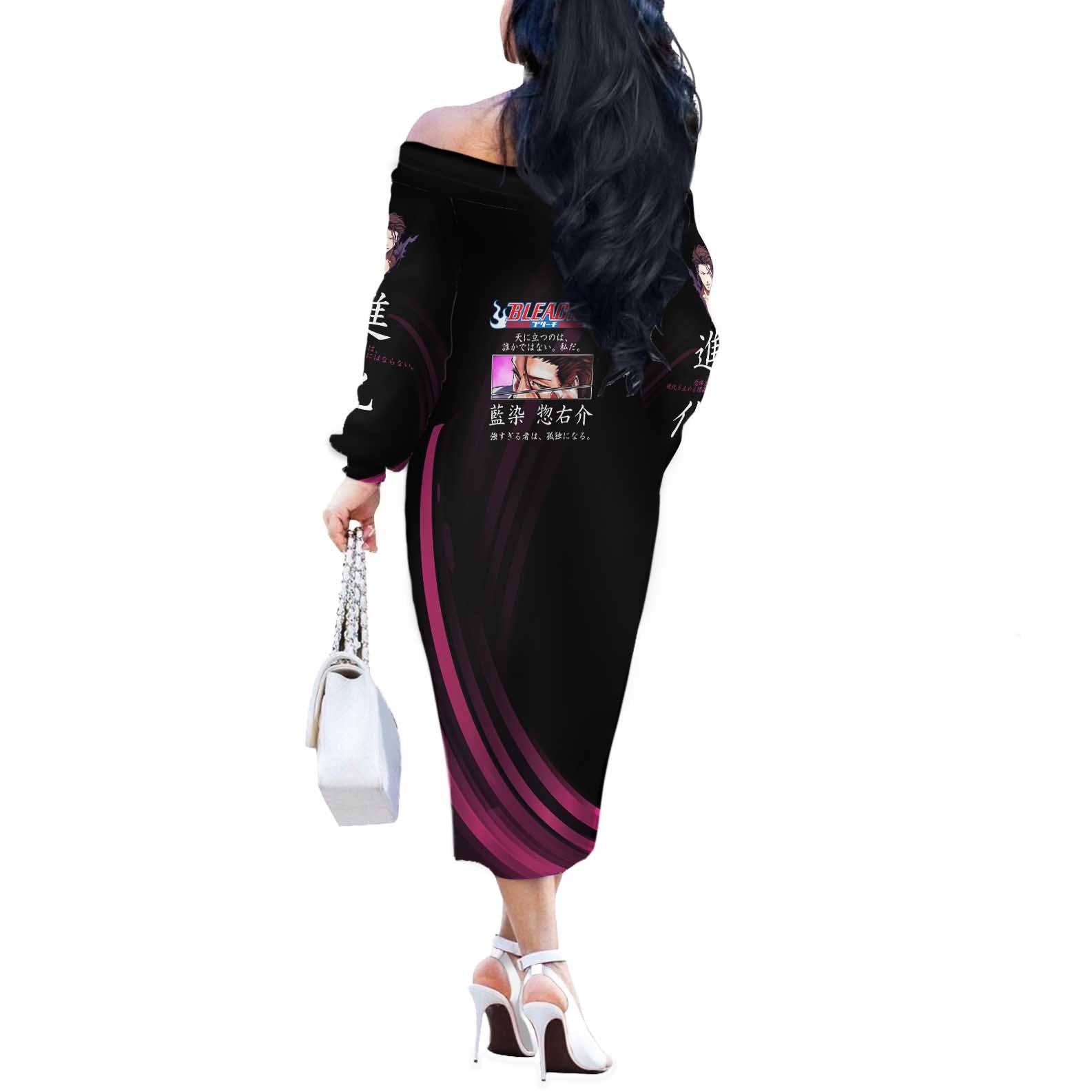 Sosuke Aizen Bleach Anime Black and Purple Theme Off The Shoulder Long Sleeve Dress with Zanpakuto Pose and Japanese Quote Design - The Mazicc
