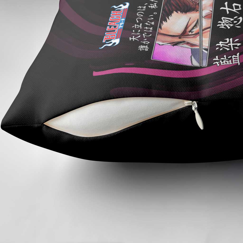 Sosuke Aizen Bleach Anime Black and Purple Theme Pillow Cover with Zanpakuto Pose and Japanese Quote Design - The Mazicc