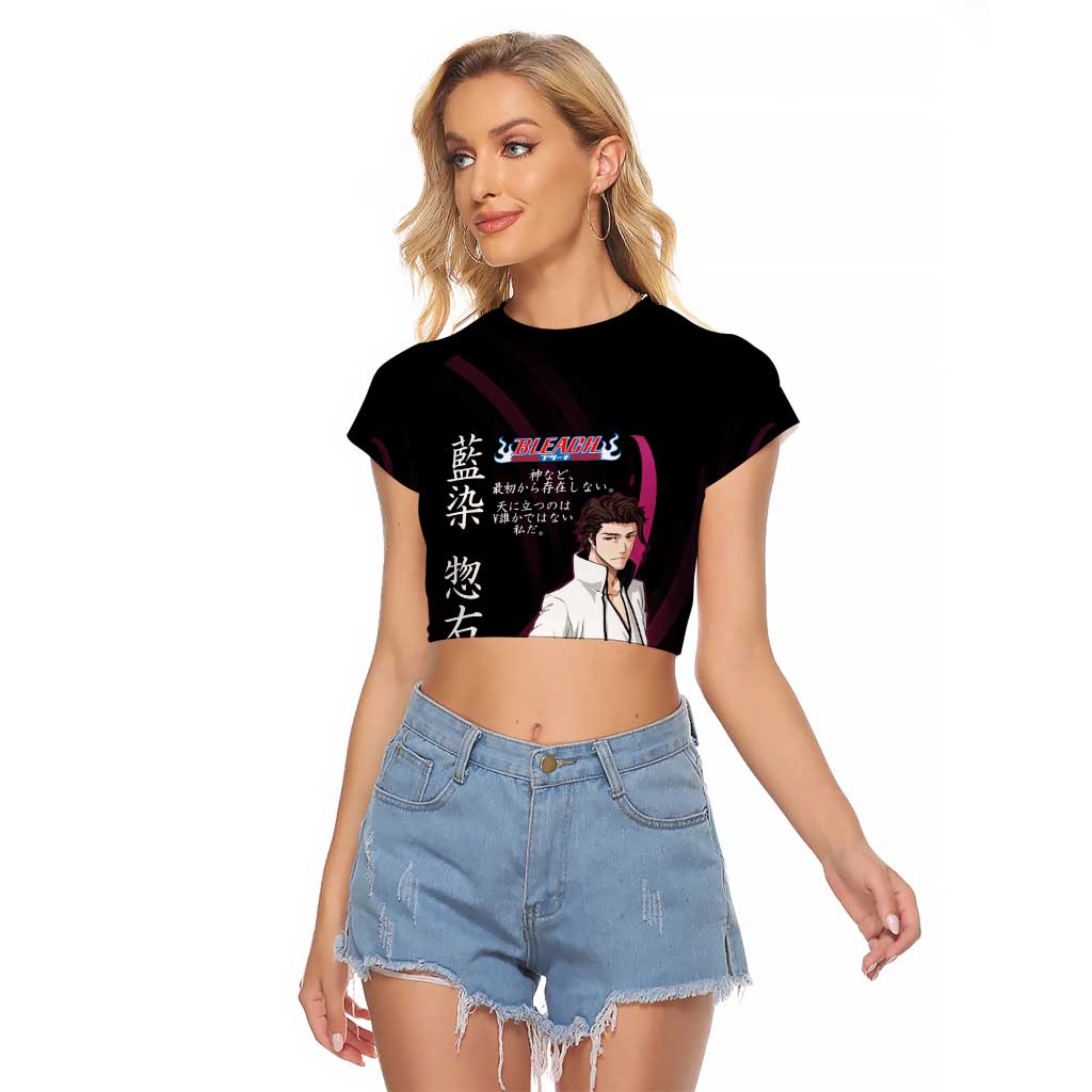 Sosuke Aizen Bleach Anime Black and Purple Theme Raglan Cropped T Shirt with Zanpakuto Pose and Japanese Quote Design - The Mazicc