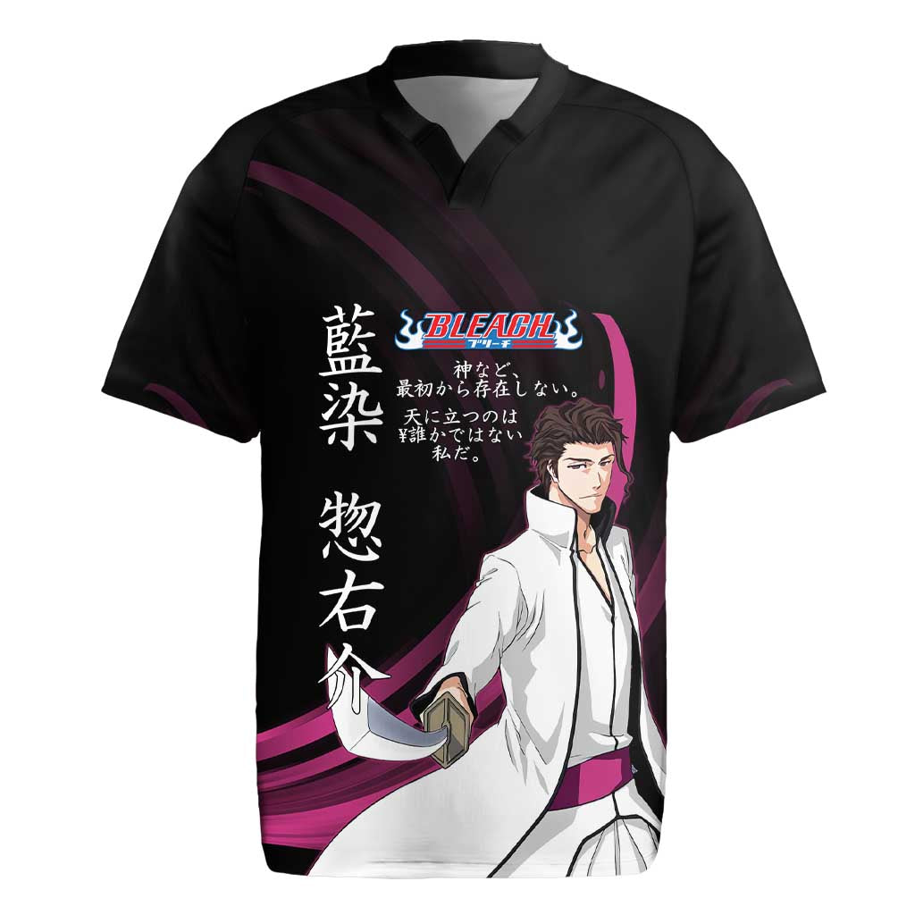 Sosuke Aizen Bleach Anime Black and Purple Theme Rugby Jersey with Zanpakuto Pose and Japanese Quote Design - The Mazicc