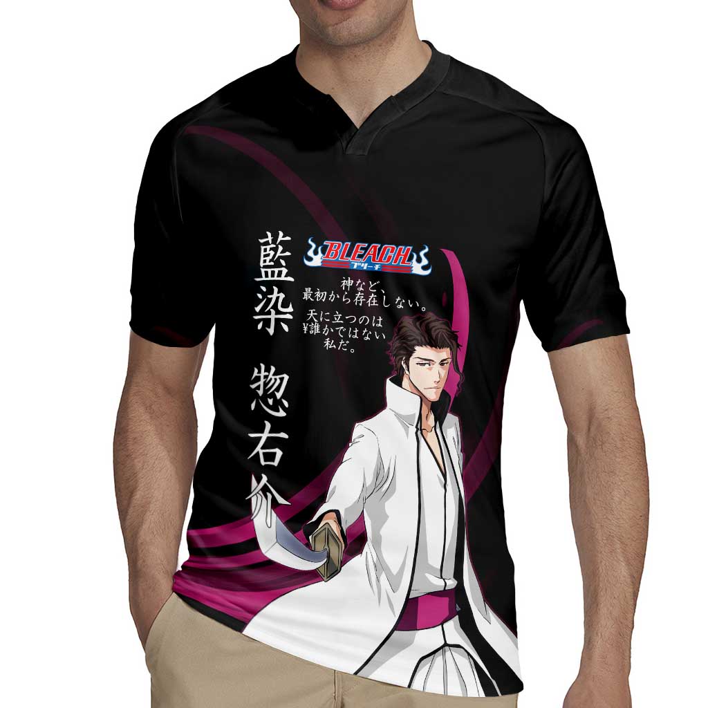 Sosuke Aizen Bleach Anime Black and Purple Theme Rugby Jersey with Zanpakuto Pose and Japanese Quote Design - The Mazicc