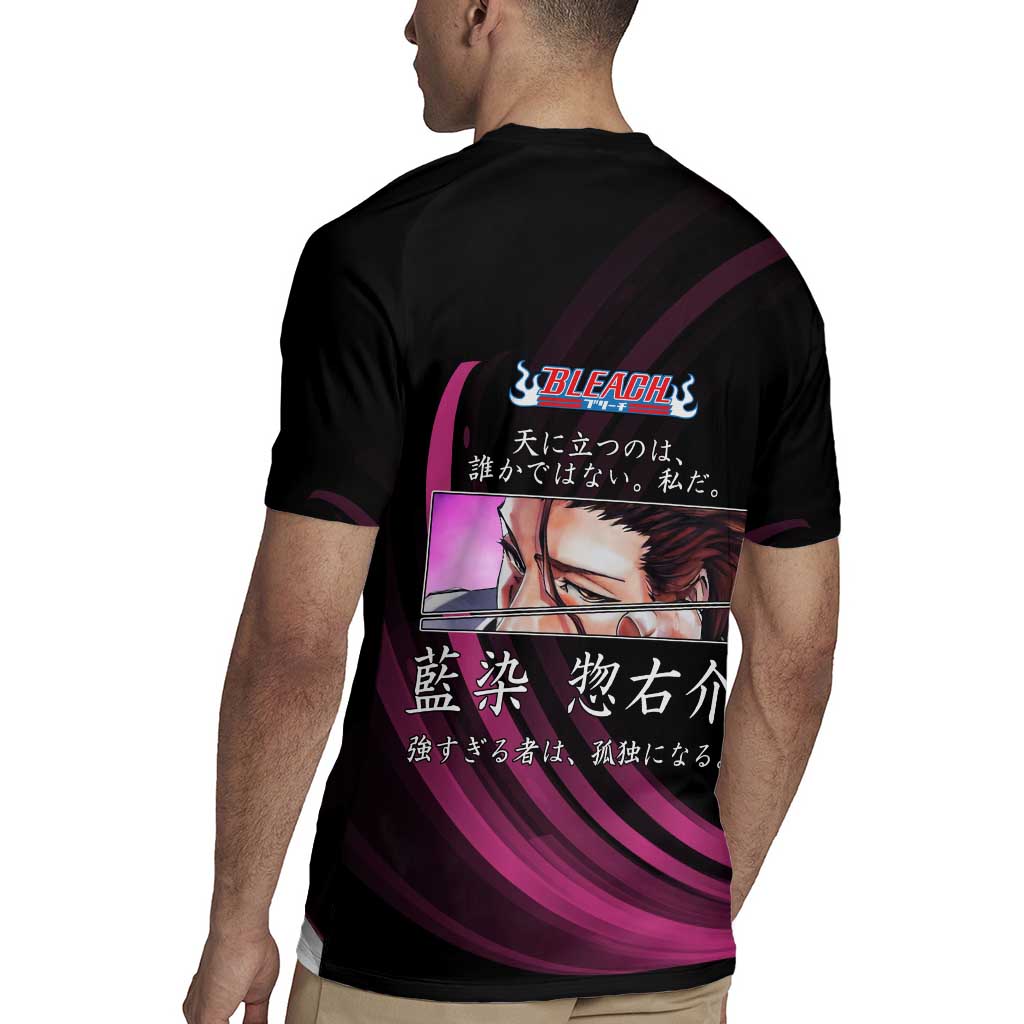 Sosuke Aizen Bleach Anime Black and Purple Theme Rugby Jersey with Zanpakuto Pose and Japanese Quote Design - The Mazicc
