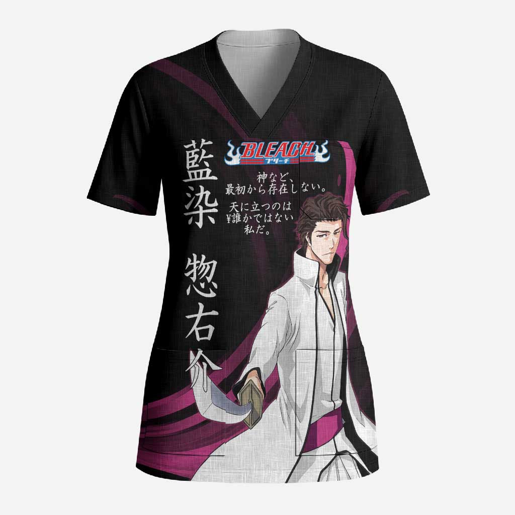 Sosuke Aizen Bleach Anime Black and Purple Theme Scrub Top with Zanpakuto Pose and Japanese Quote Design - The Mazicc