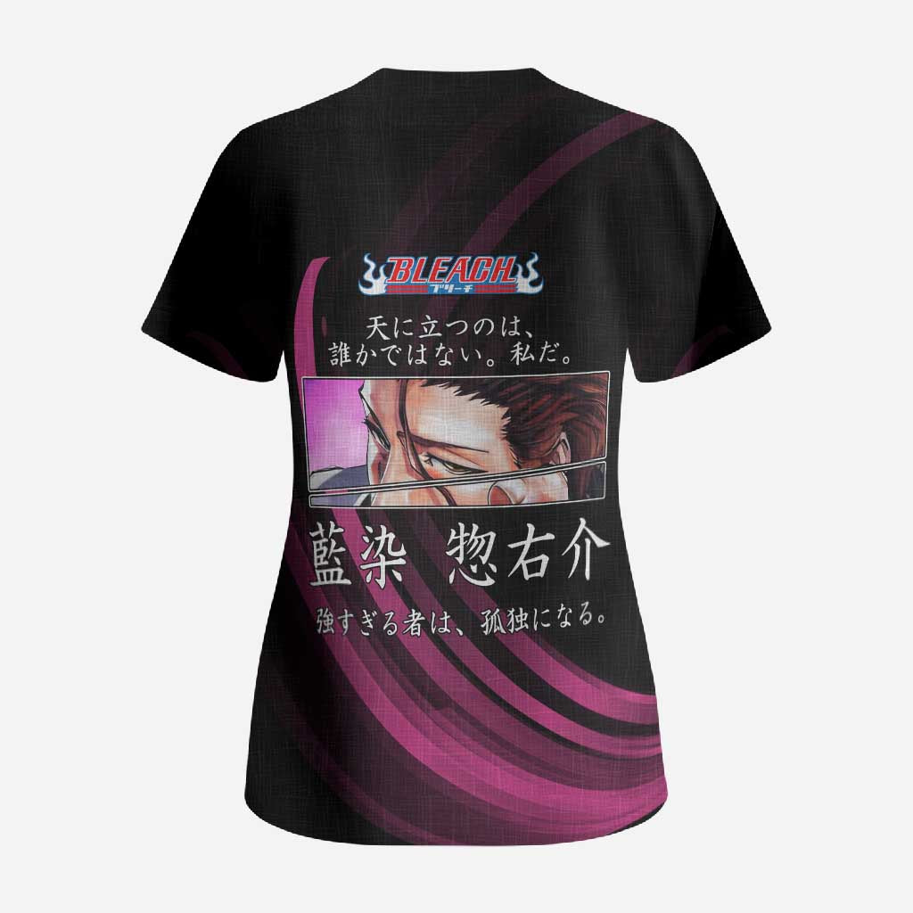 Sosuke Aizen Bleach Anime Black and Purple Theme Scrub Top with Zanpakuto Pose and Japanese Quote Design - The Mazicc