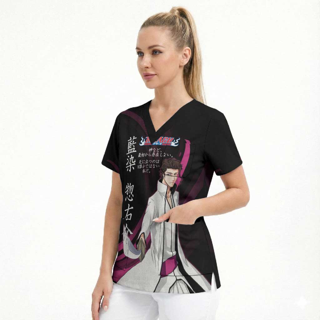 Sosuke Aizen Bleach Anime Black and Purple Theme Scrub Top with Zanpakuto Pose and Japanese Quote Design - The Mazicc