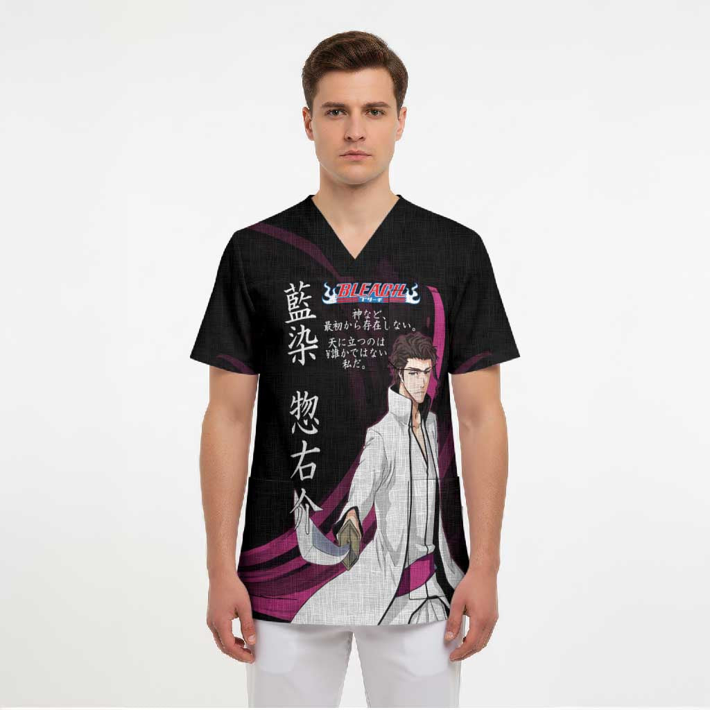 Sosuke Aizen Bleach Anime Black and Purple Theme Scrub Top with Zanpakuto Pose and Japanese Quote Design - The Mazicc