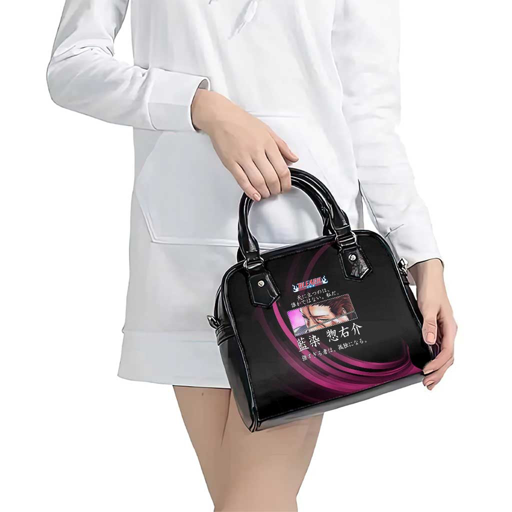 Sosuke Aizen Bleach Anime Black and Purple Theme Shoulder Handbag with Zanpakuto Pose and Japanese Quote Design - The Mazicc