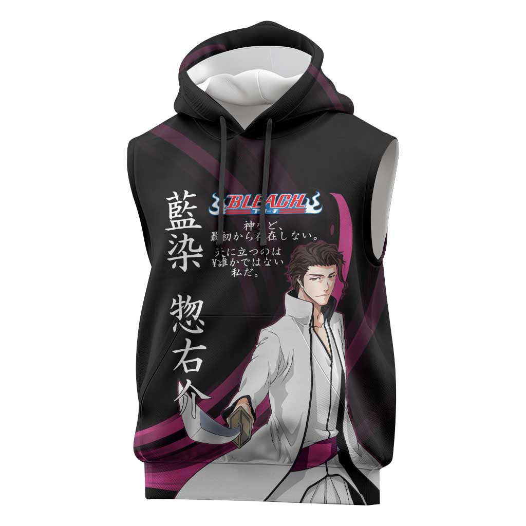 Sosuke Aizen Bleach Anime Black and Purple Theme Sleeveless Hoodie with Zanpakuto Pose and Japanese Quote Design - The Mazicc