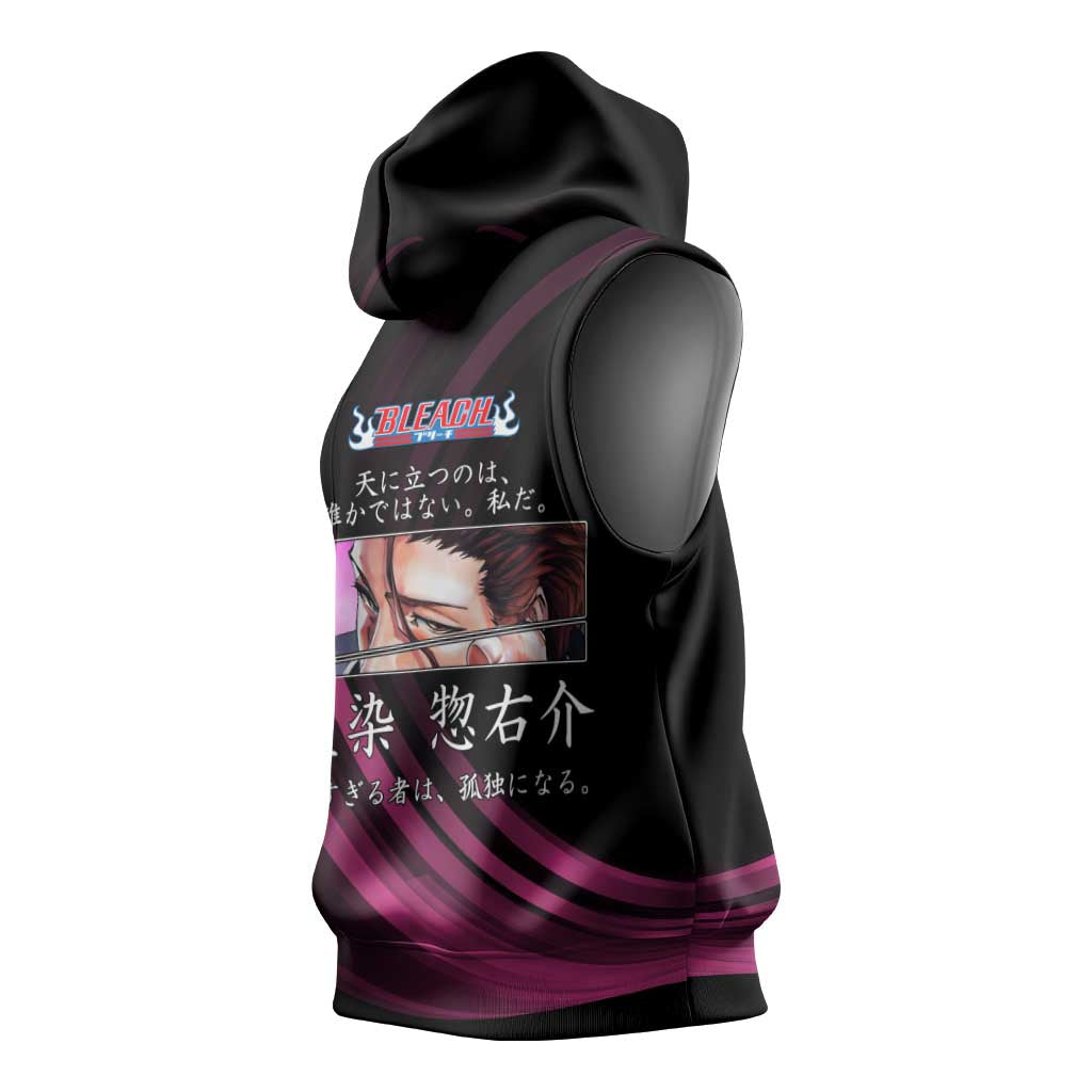 Sosuke Aizen Bleach Anime Black and Purple Theme Sleeveless Hoodie with Zanpakuto Pose and Japanese Quote Design - The Mazicc