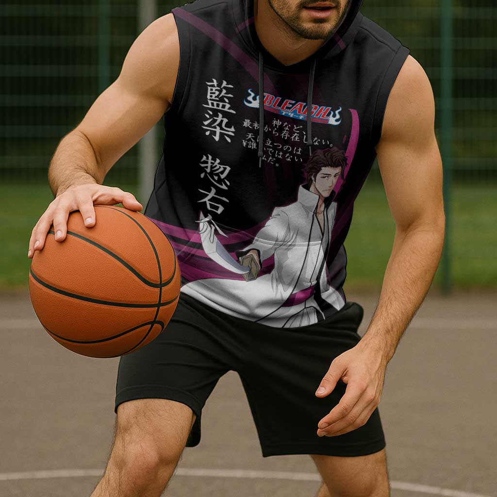 Sosuke Aizen Bleach Anime Black and Purple Theme Sleeveless Hoodie with Zanpakuto Pose and Japanese Quote Design - The Mazicc
