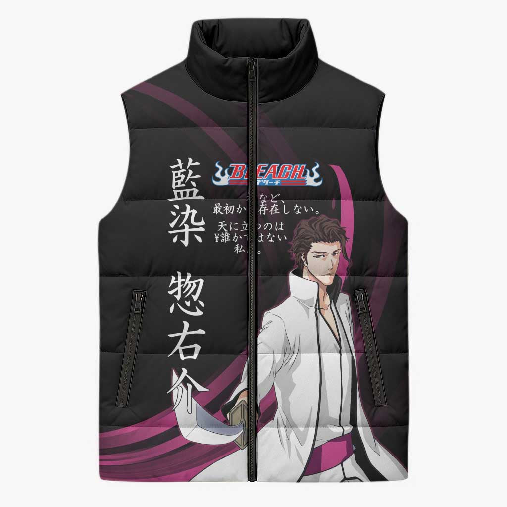 Sosuke Aizen Bleach Anime Black and Purple Theme Sleeveless Puffer Jacket with Zanpakuto Pose and Japanese Quote Design - The Mazicc
