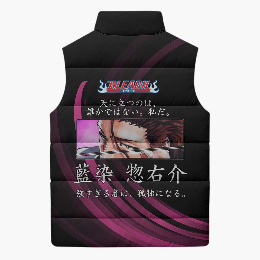 Sosuke Aizen Bleach Anime Black and Purple Theme Sleeveless Puffer Jacket with Zanpakuto Pose and Japanese Quote Design - The Mazicc