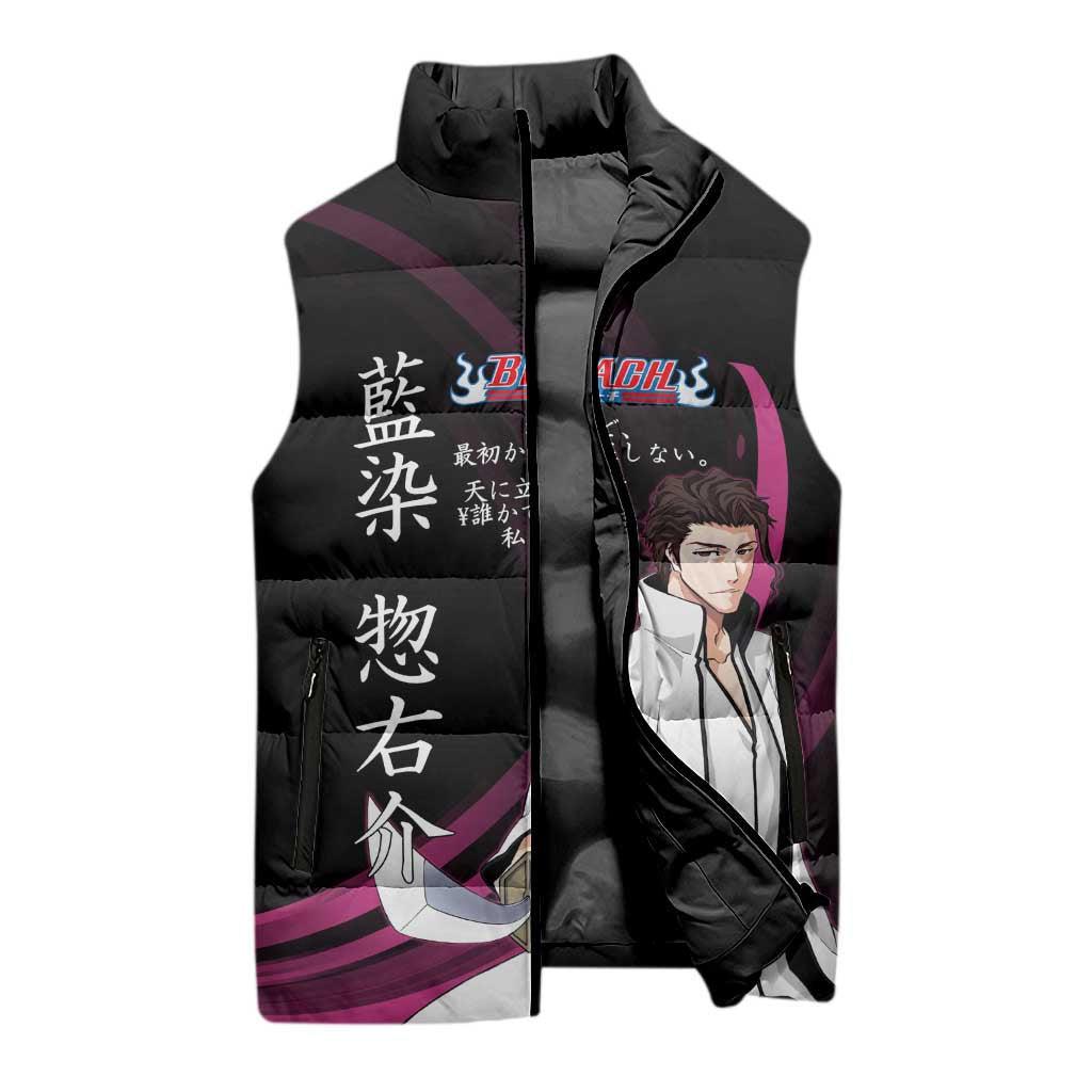 Sosuke Aizen Bleach Anime Black and Purple Theme Sleeveless Puffer Jacket with Zanpakuto Pose and Japanese Quote Design - The Mazicc