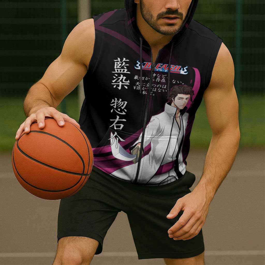 Sosuke Aizen Bleach Anime Black and Purple Theme Sleeveless Zip Hoodie with Zanpakuto Pose and Japanese Quote Design - The Mazicc