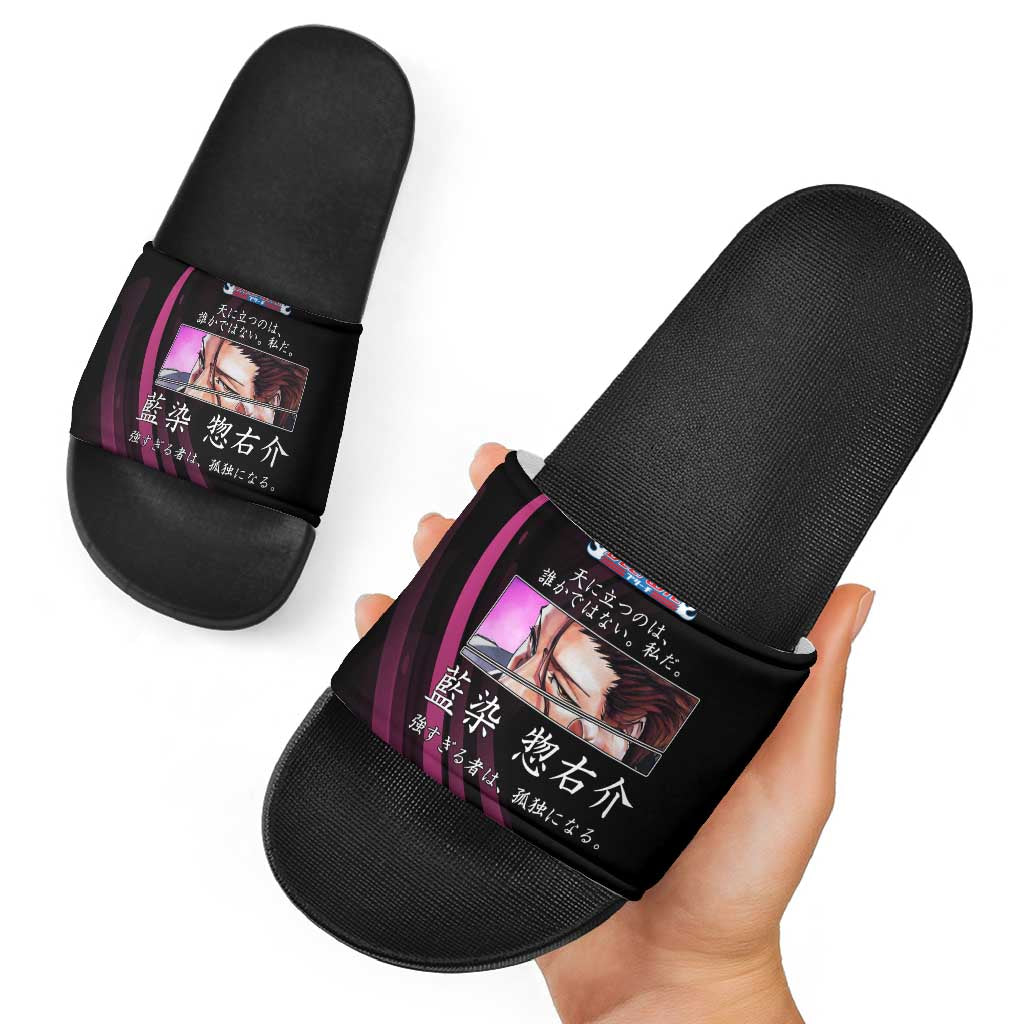Sosuke Aizen Bleach Anime Black and Purple Theme Slide Sandals with Zanpakuto Pose and Japanese Quote Design - The Mazicc
