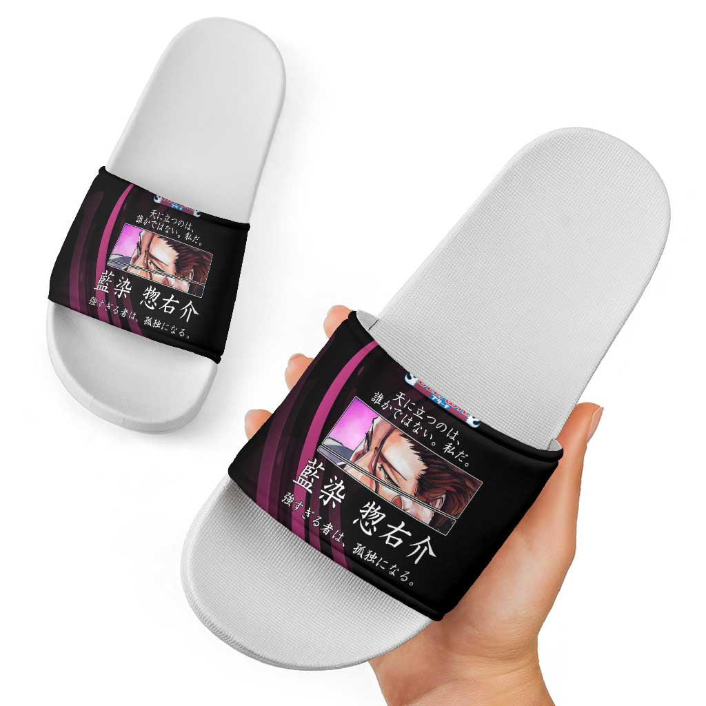Sosuke Aizen Bleach Anime Black and Purple Theme Slide Sandals with Zanpakuto Pose and Japanese Quote Design - The Mazicc