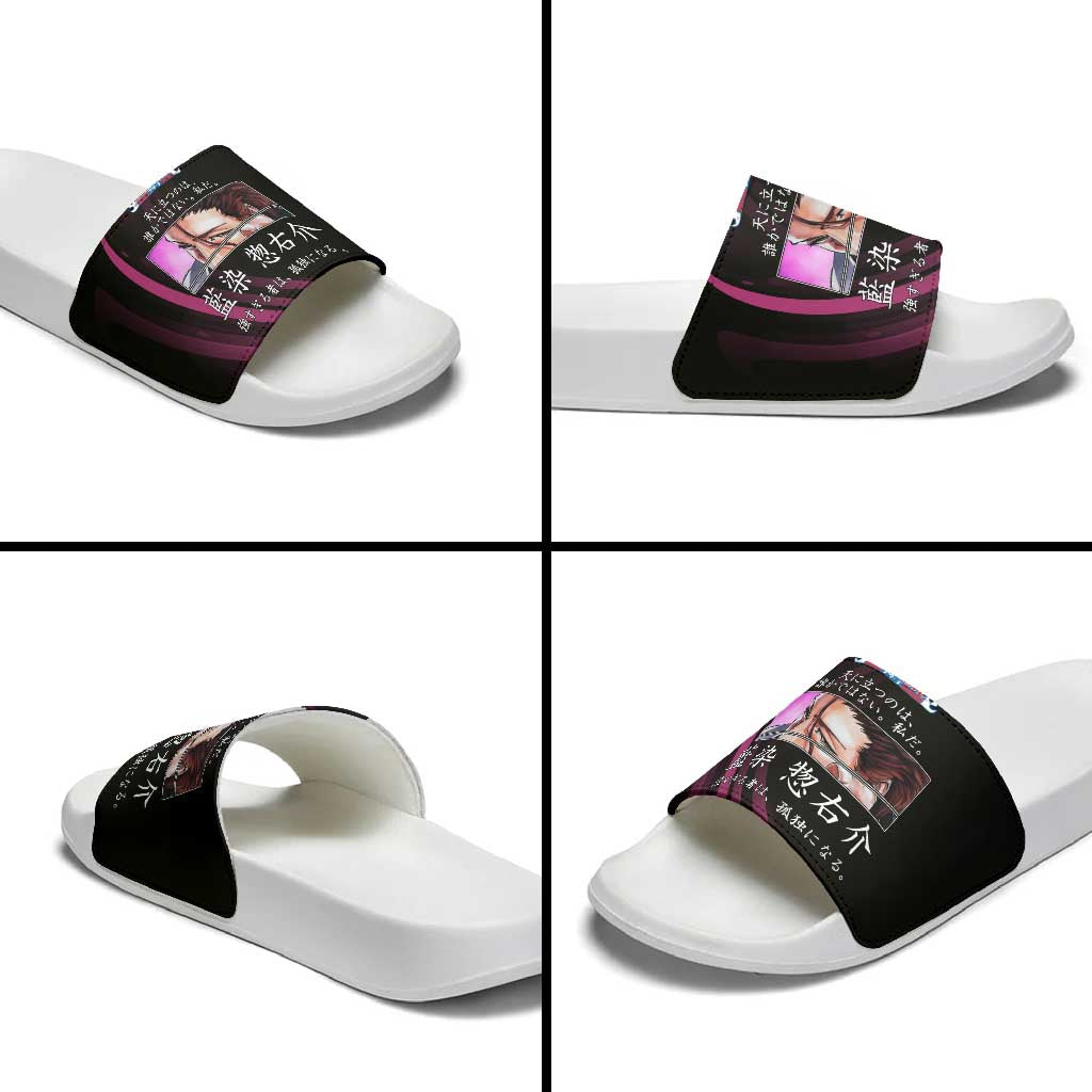 Sosuke Aizen Bleach Anime Black and Purple Theme Slide Sandals with Zanpakuto Pose and Japanese Quote Design - The Mazicc